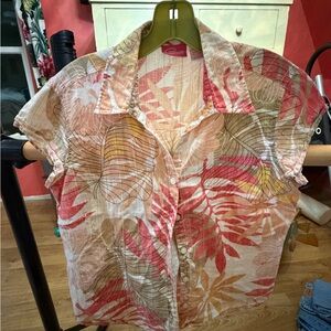 Pappagallo Pink and Tan Leaf Print Button-Down Shirt